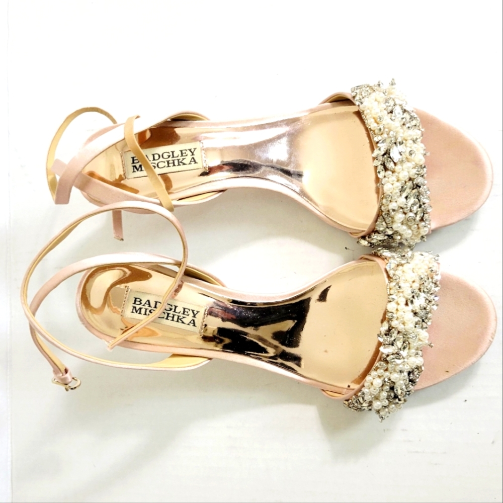 Embellished Beaded Pink Satin Kitten Heel Ankleโ Strap Heels 7.5